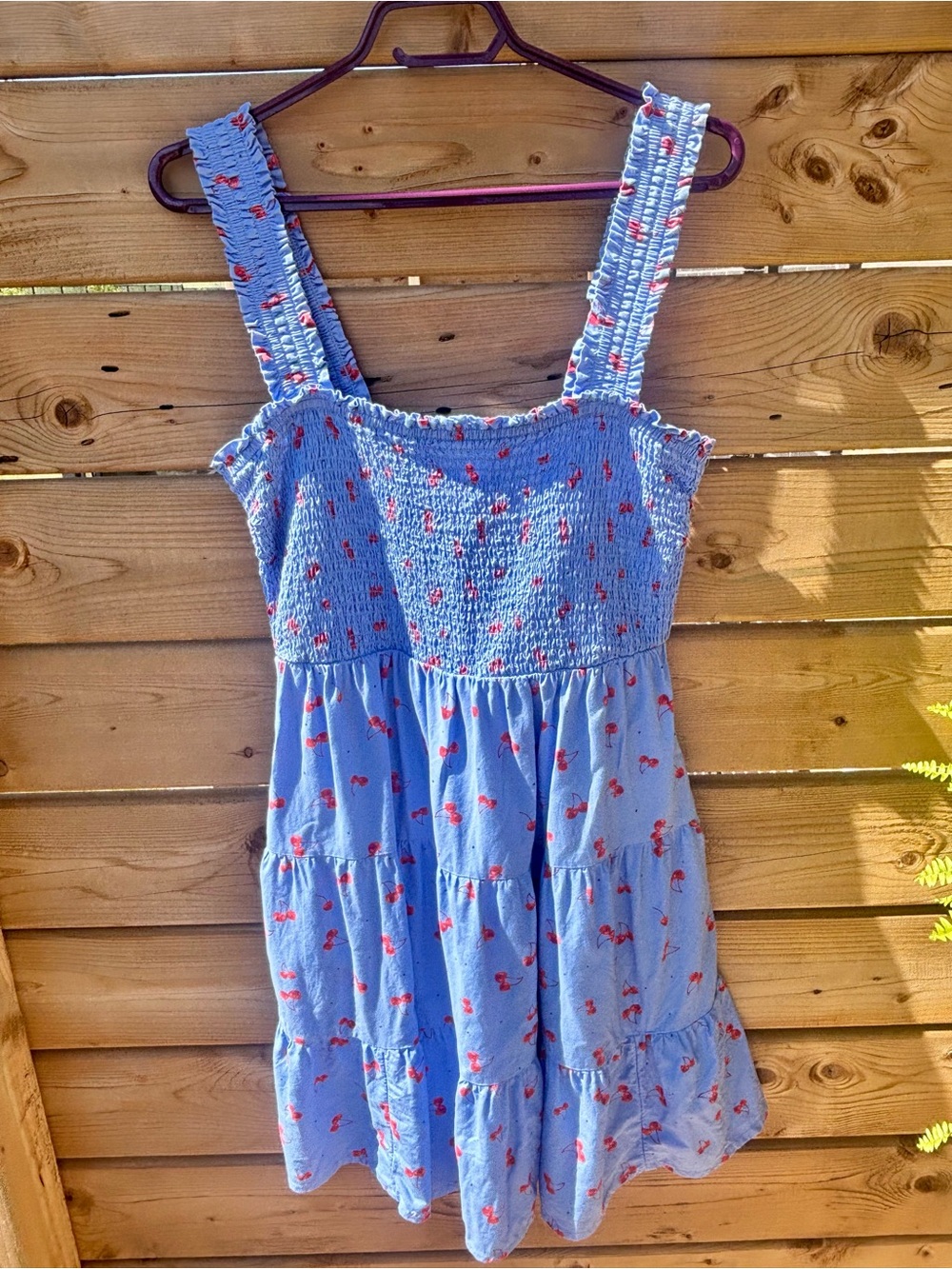 beachlunchlounge Blue Shirred Sundress with Red Cherry Print